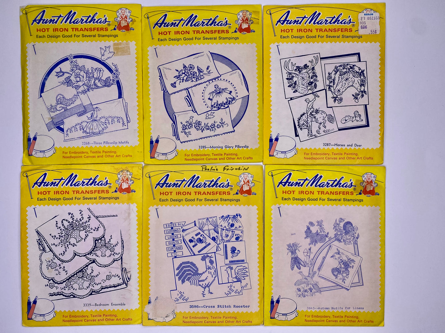 Aunt Martha's Hot Iron Transfers 3268 Pillowslips, 3339 Bedroom Ensemble, 3285 Morning Glory, 3586 Cross Stitch 3287 Horses and Deer, 3645 Autumn Motifs