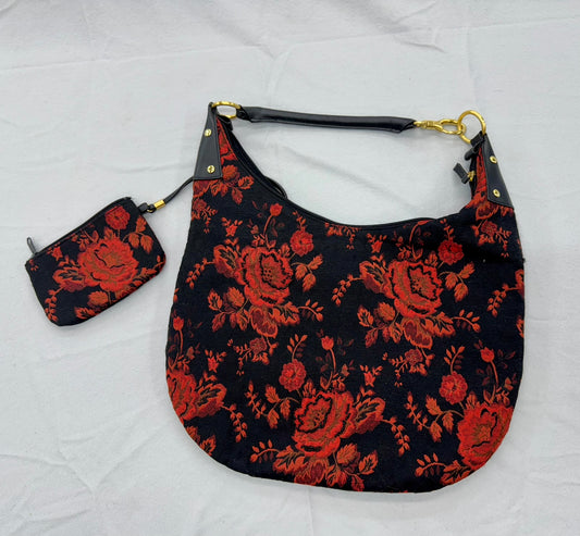 Black & Red Floral Purse with Matching Pouch – Secondhand Bag for Upcycling or Everyday Use