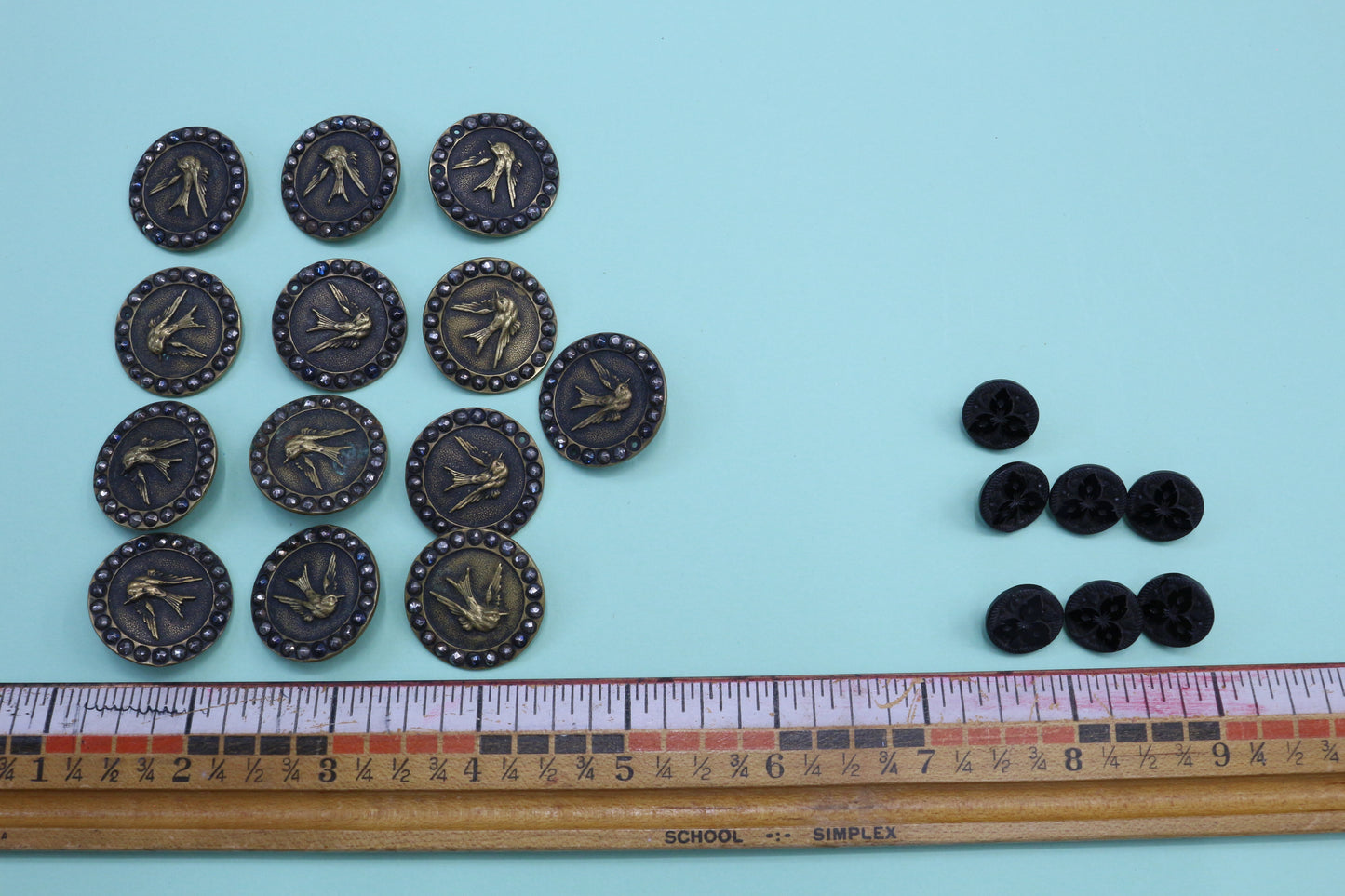 Vintage Metal Bird Buttons or Small Black Glass Buttons