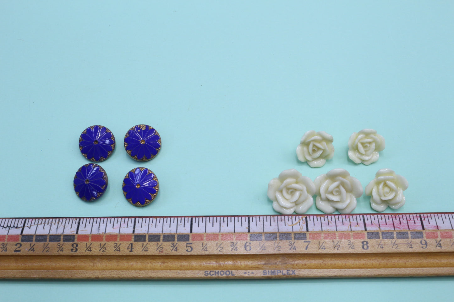 Vintage Glass Buttons Blue and Gold or White Roses