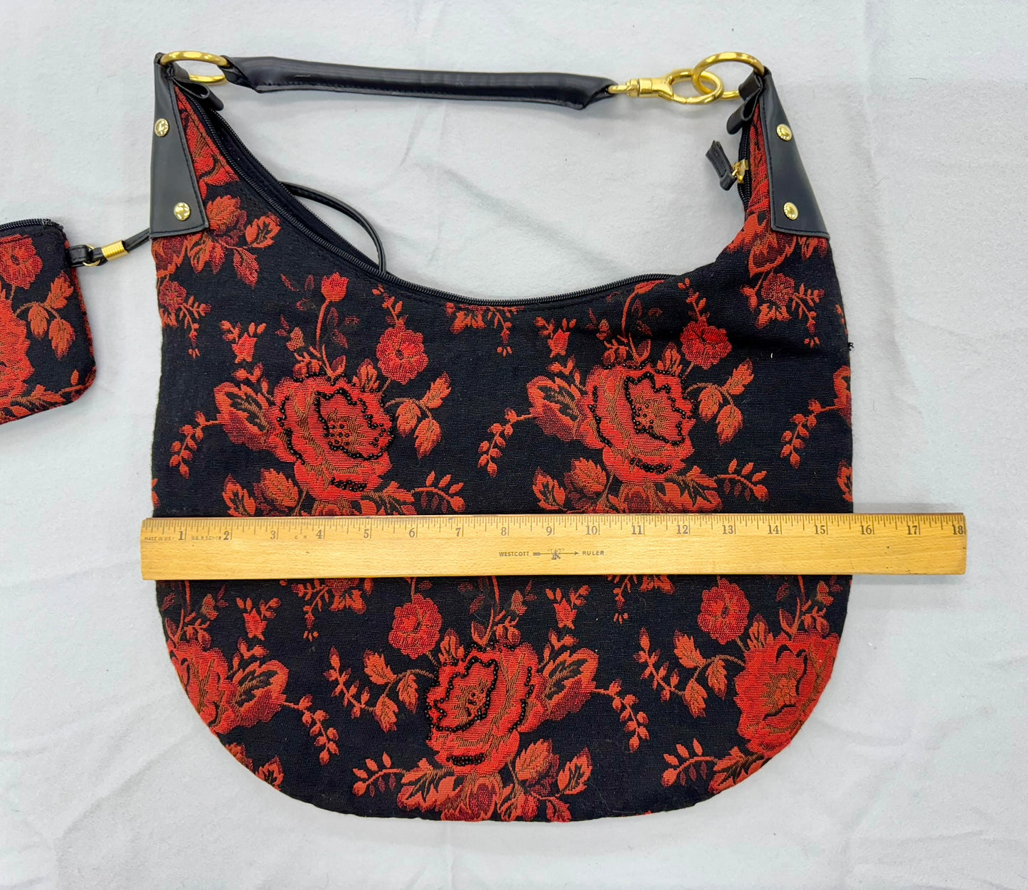 Black & Red Floral Purse with Matching Pouch – Secondhand Bag for Upcycling or Everyday Use