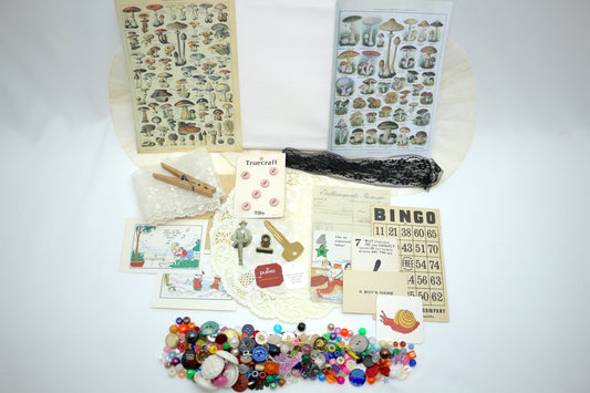 Curated Collage Kit Mushrooms, Mixed Media, Art Supplies, Destash , paper, vintage, each bag unique curated ephemera