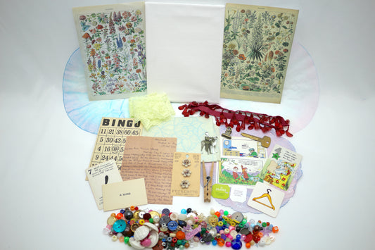 Curated Collage Kit Reef Flowers, Mixed Media, Art Supplies, Destash , paper, vintage, each bag unique curated ephemera
