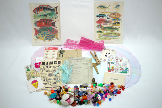 Curated Collage Kit Coral Reef Fish, Mixed Media, Art Supplies, Destash , paper, vintage, each bag unique curated ephemera