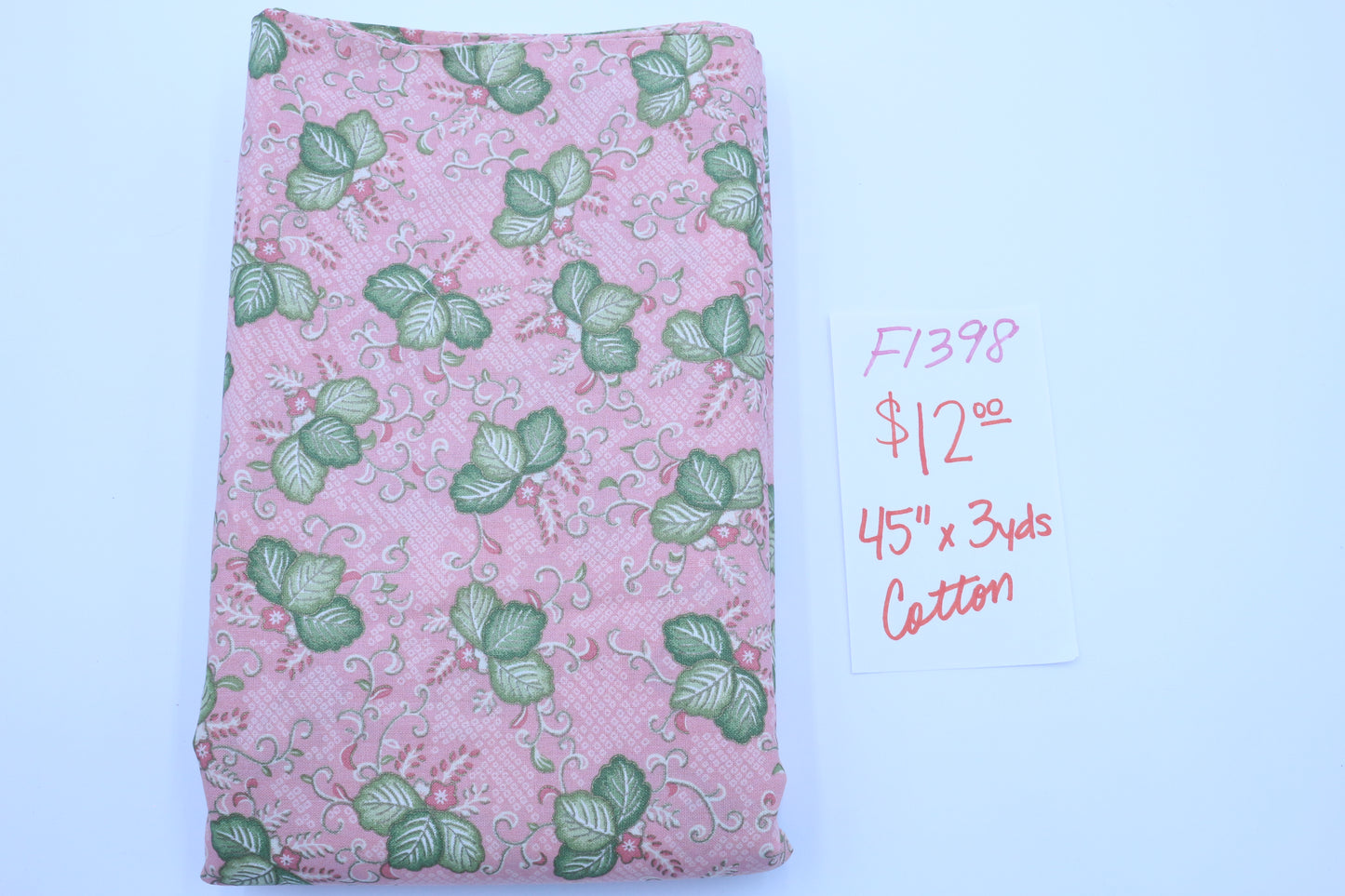 Vintage Pink with Green Leaves Cotton Fabric 45" x 3 yds