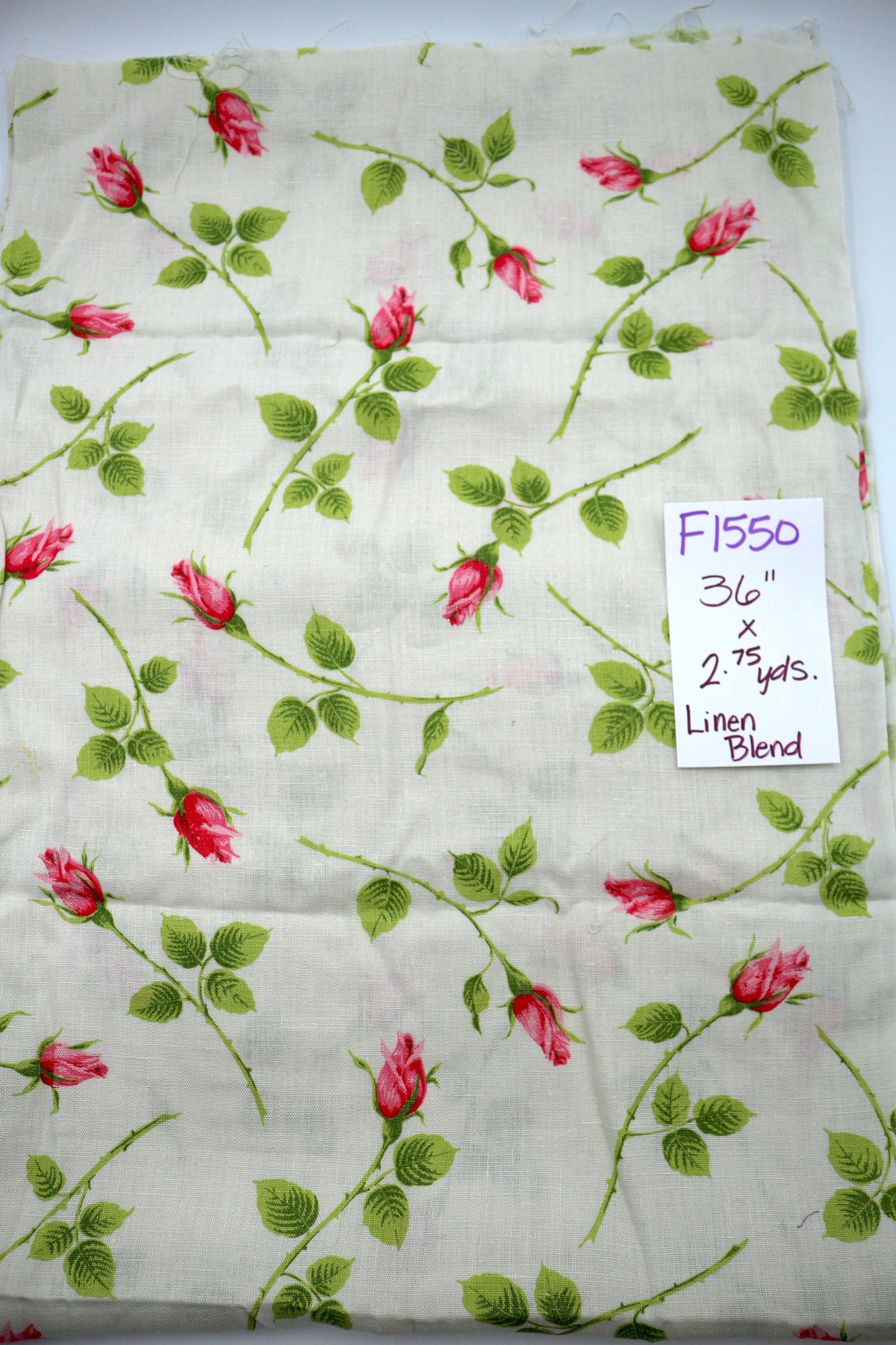 Long Stem Rose Buds Linen Blend Fabric 36" x 2.75 yds