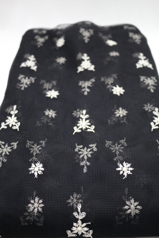 Black Tulle Fabric with White Embroidered Flowers 52" x 5 yds