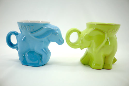 Pair of Frankoma Political Mugs in Celery Green, Vintage Democrat 1982 Donkey Mug, 1999 Republican Elephant Mug, Mid Century California Pottery