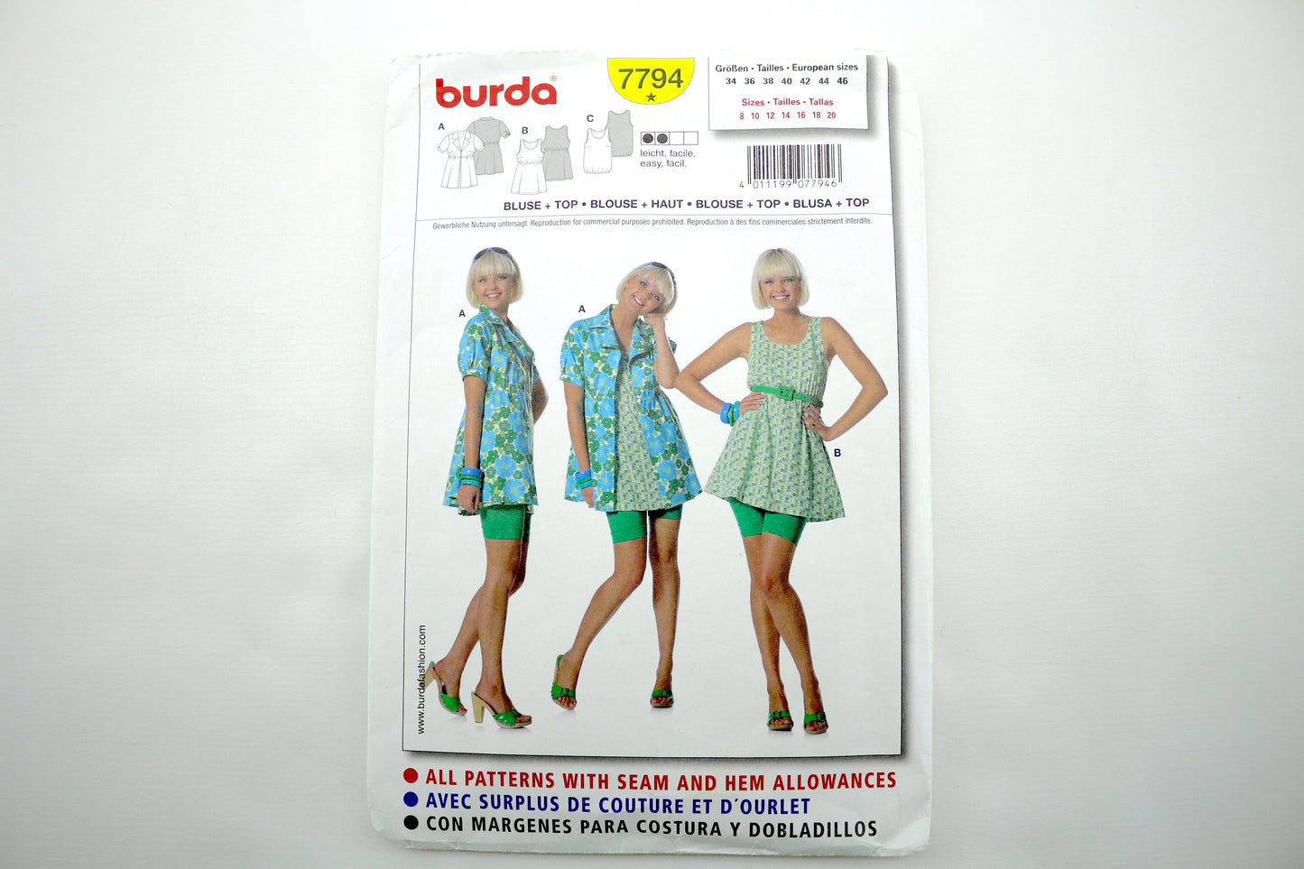 Burda 7794 Misses Blouse & Top Sewing Pattern size 8-20