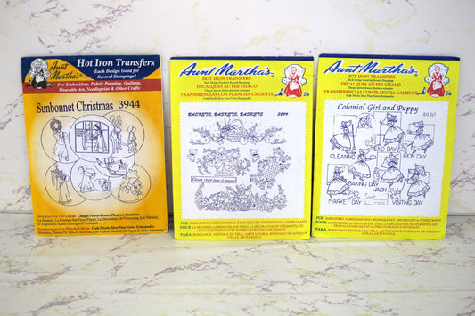 Aunt Marthas Hot Iron Transfers Colonial Girls Puppy 3930 OR Baskets 3899 OR Sunbonnet Christmas 3944 Vintage & Unique Embroidery Patterns – Sustainable Creativity