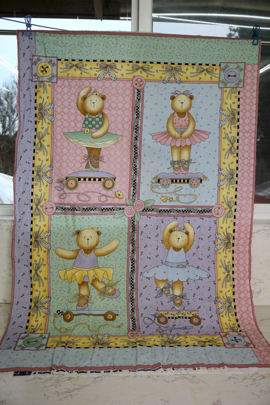 Bear Ballerina Flannel Cotton Fabric Panel