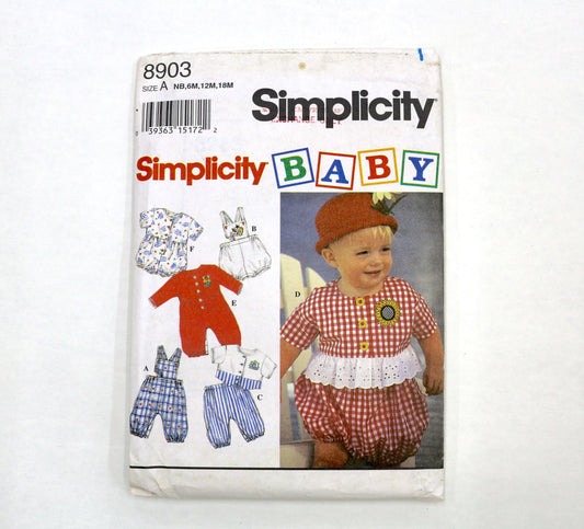 Simplicity 8903 Babies Romper, Top, Pants and Panties Sewing Pattern NB-18M