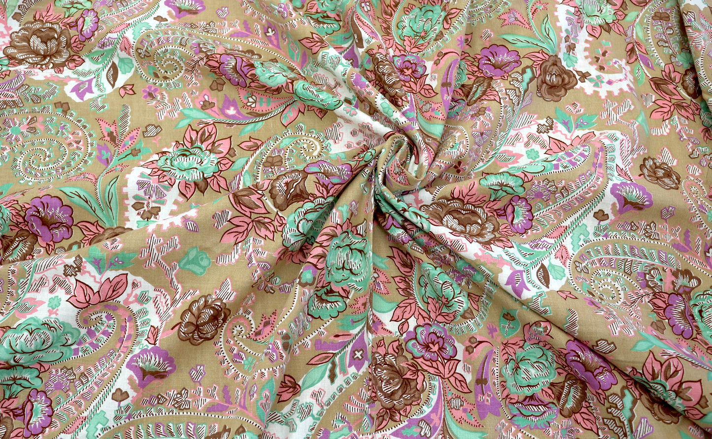 Brown Cotton Fabric with Teal & Pink Floral Motif – 44" x 2.25 Yards