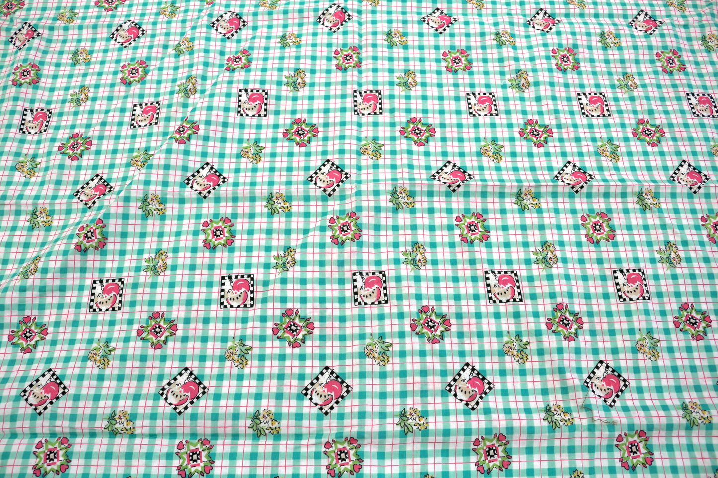 Teal Check Cotton Fabric with Tiny Motif – Summer Vibes – 44"x 1.75 yds