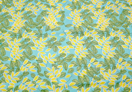 Leafy Cotton Fabric – Yellow & Green Leaves with Blue Sky – 44" x 1.5 yds