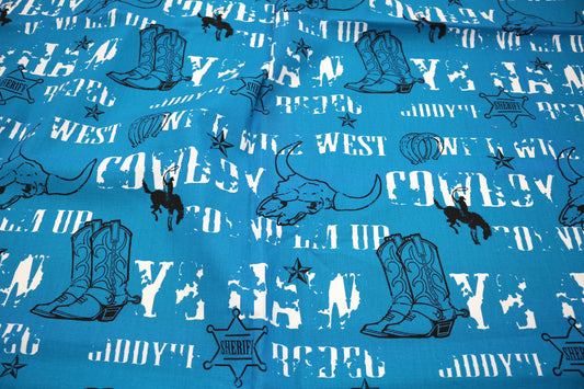 Teal Rodeo-Themed Cotton Duck Canvas – 58" Wide (Choose 1.75 or 3.75 Yards)