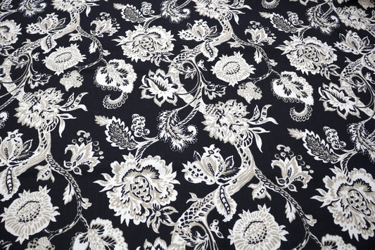 Mid-Weight Cotton Fabric – Black with Vine Floral Design (56" x 4.25 Yards)
