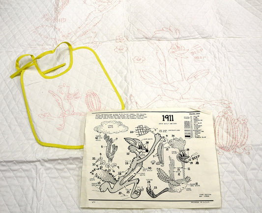 Vintage Road Runner & Coyote Baby Quilt Panel with Bib – Ready to Embroider