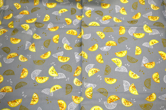 Lemon Wedge Cotton Fabric – Citrus Print on Gray – 44" x 1 Yard