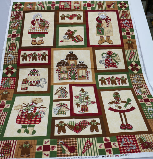 Gingerbread Christmas Cotton Fabric Panel – Northcott "Tinkerer Stitches" – 100% Cotton