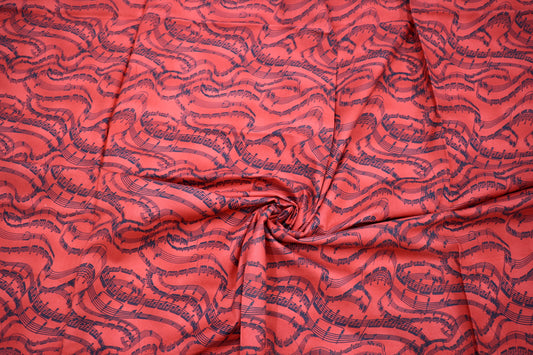 🎵 Red Music Notes Cotton Fabric – 45" x 1 Yard