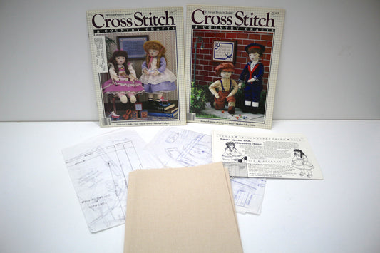 🧵 Cross Stitch & Doll Pattern Bundle – Magazines, Patterns & Fabric