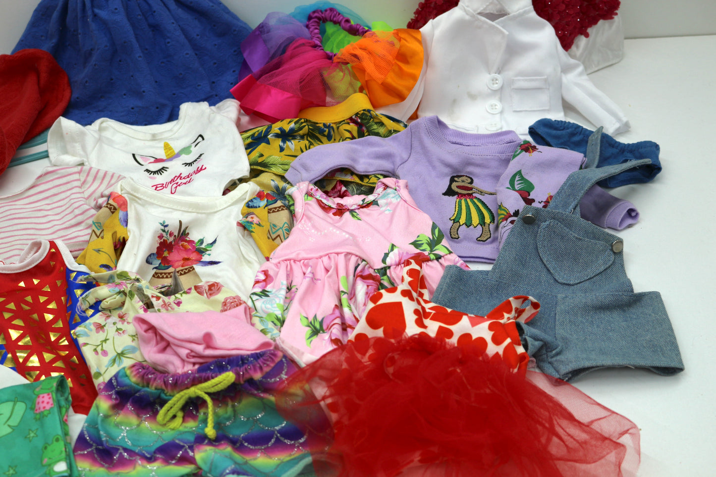 👗 Mixed Doll Clothes Bundle – Dresses, Tops, Overalls & More
