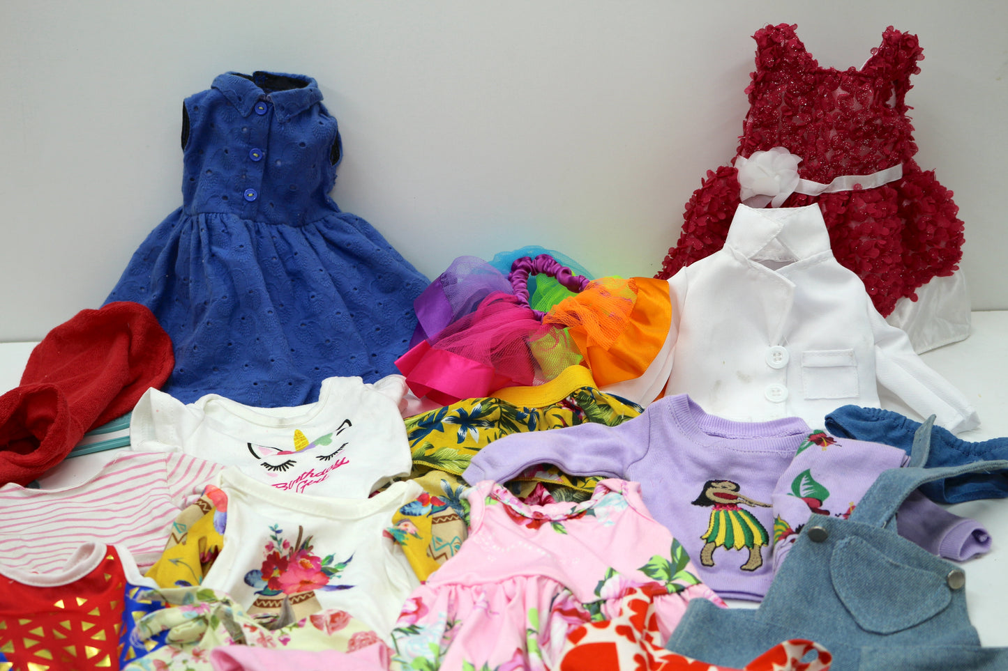 👗 Mixed Doll Clothes Bundle – Dresses, Tops, Overalls & More