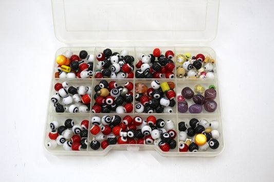 🎨 Box of Glass Beads – Evil Eye Style, Red/Black/White Mix + Extras