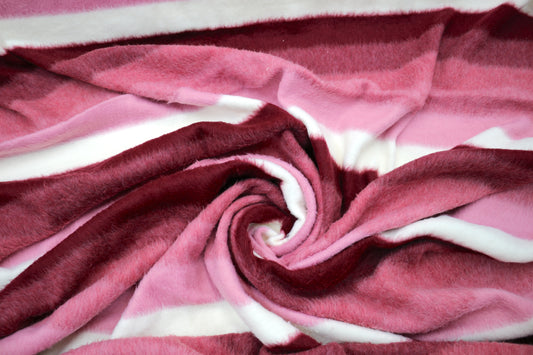 💗 Soft Fleece/Low Pile Faux Fur Fabric – Pink & Burgundy Stripes – 64" Wide x 4 Yards