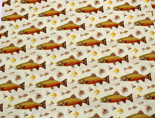 Cotton Fabric – Fish & Fishing Flies Print – 43" x 2 Yards 🎣✨