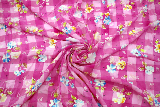Pink Floral Gingham Rayon Blend Fabric – 46" x 2.5 Yards