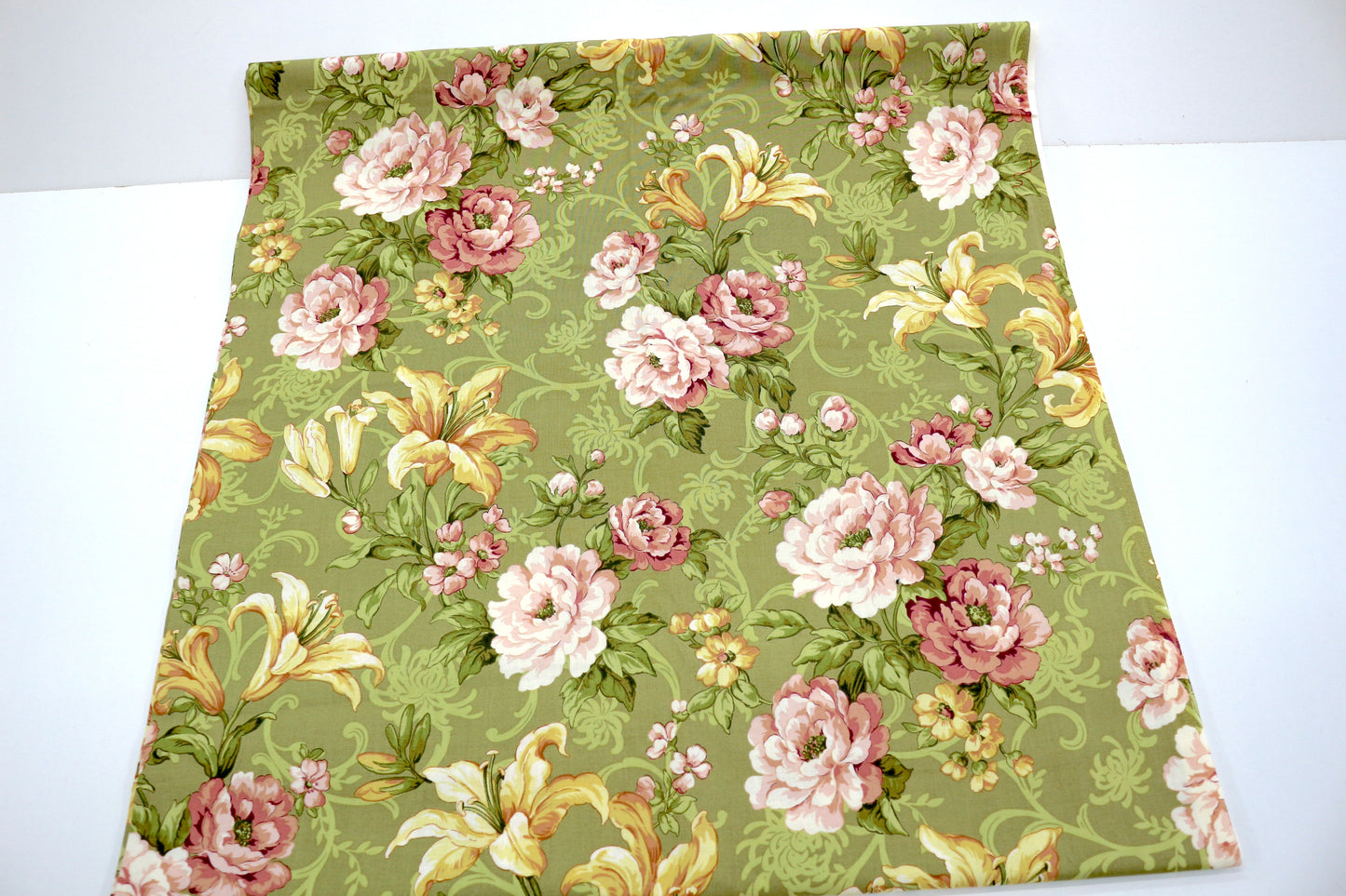 Lily & Peony Cotton Fabric – 43" x 3 Yards | Floral Green Print