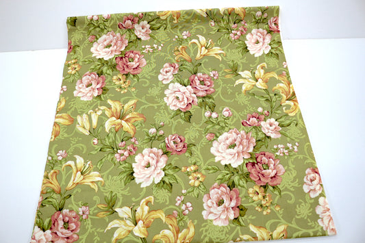 Lily & Peony Cotton Fabric – 43" x 3 Yards | Floral Green Print