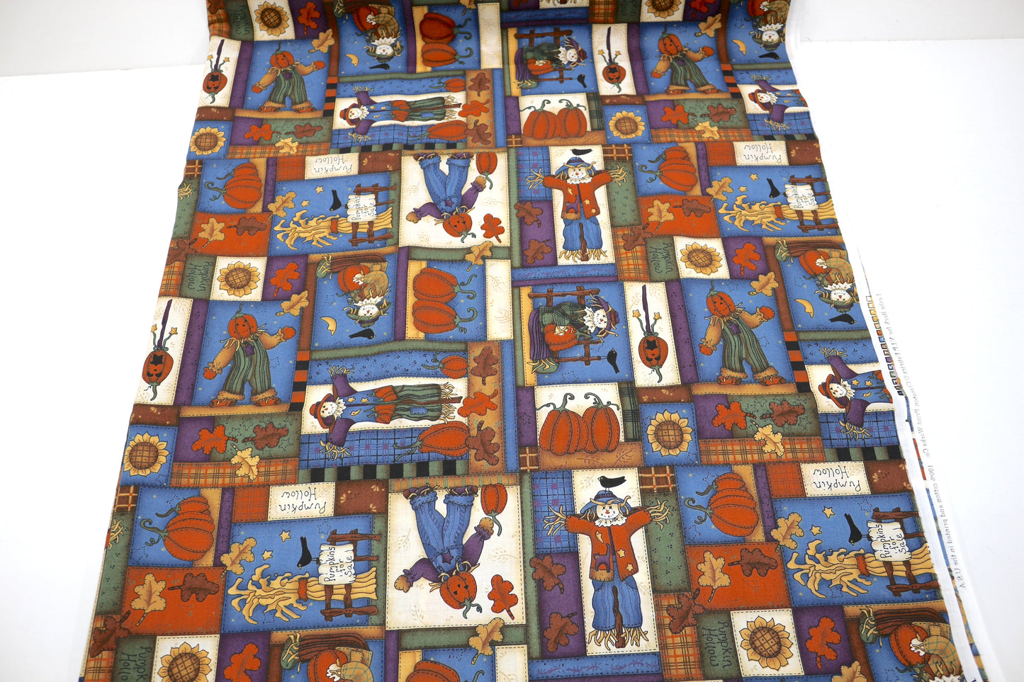 Autumn Scarecrow Cotton Fabric – 44" x 3 Yards | Fall Patchwork Print