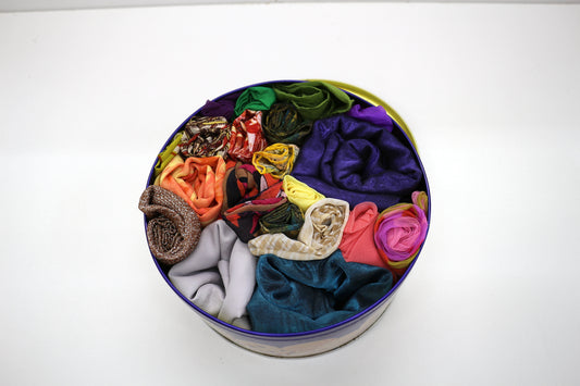 Tin of Colorful Secondhand Scarves – Perfect for Crafts, Costumes & Upcycling Fun!
