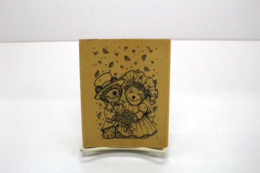 Vintage Wedding Teddy Bear Rubber Stamp – 4.5" x 3.5" – Cute Bride & Groom Stamp for Cardmaking, Scrapbooking, Journals