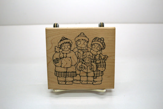 Merry Carolers Rubber Stamp • Large 4.5" x 4" Wood Mounted Stamp • Vintage Winter Caroling Family • Cardmaking, Journals & Holiday Crafts