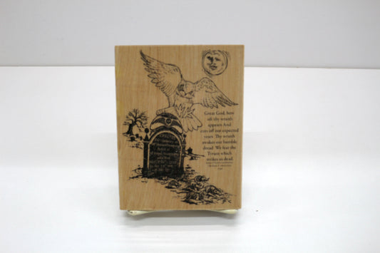 Winged Gravestone Rubber Stamp • Gothic Angel Tombstone Art Stamp • Vintage Wood Mounted Craft Stamp 4” x 5.25” • Halloween, Journaling, Mixed Media