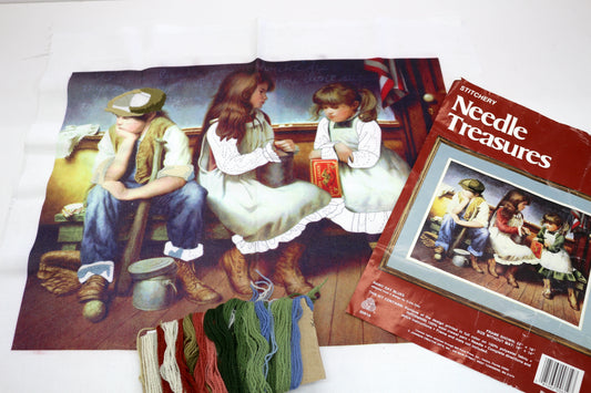 Needle Treasures “Rainy Day Blues” Stitchery Kit – Vintage Printed Needlepoint + Thread