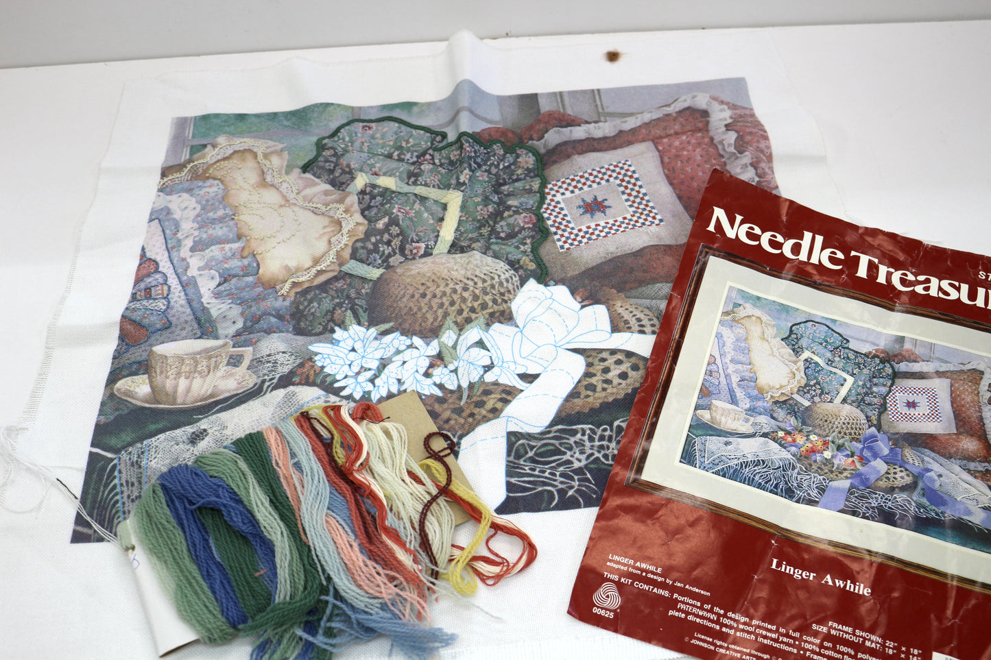 Needle Treasures “Rainy Day Blues” Stitchery Kit – Vintage Printed Needlepoint + Thread