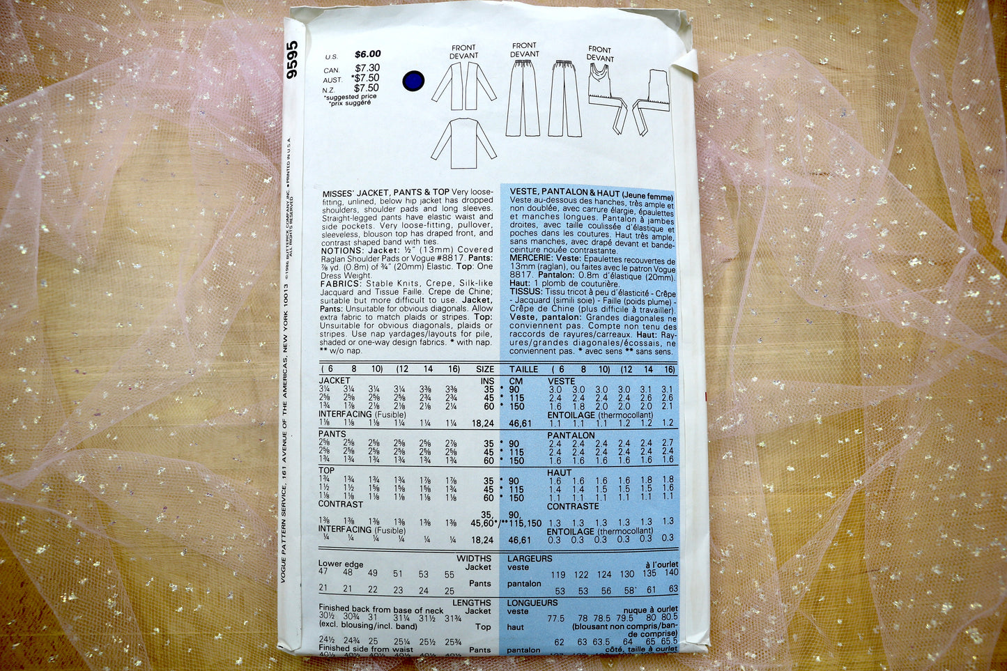 Very Easy Vogue 9595 Misses Jacket, Pants & Top Sewing Pattern 12-16