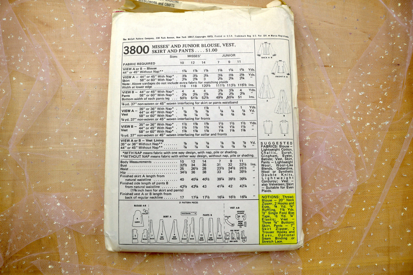 McCalls 3800 Misses' Blouse, Vest, Skirt and Pants Sewing Pattern 10-14