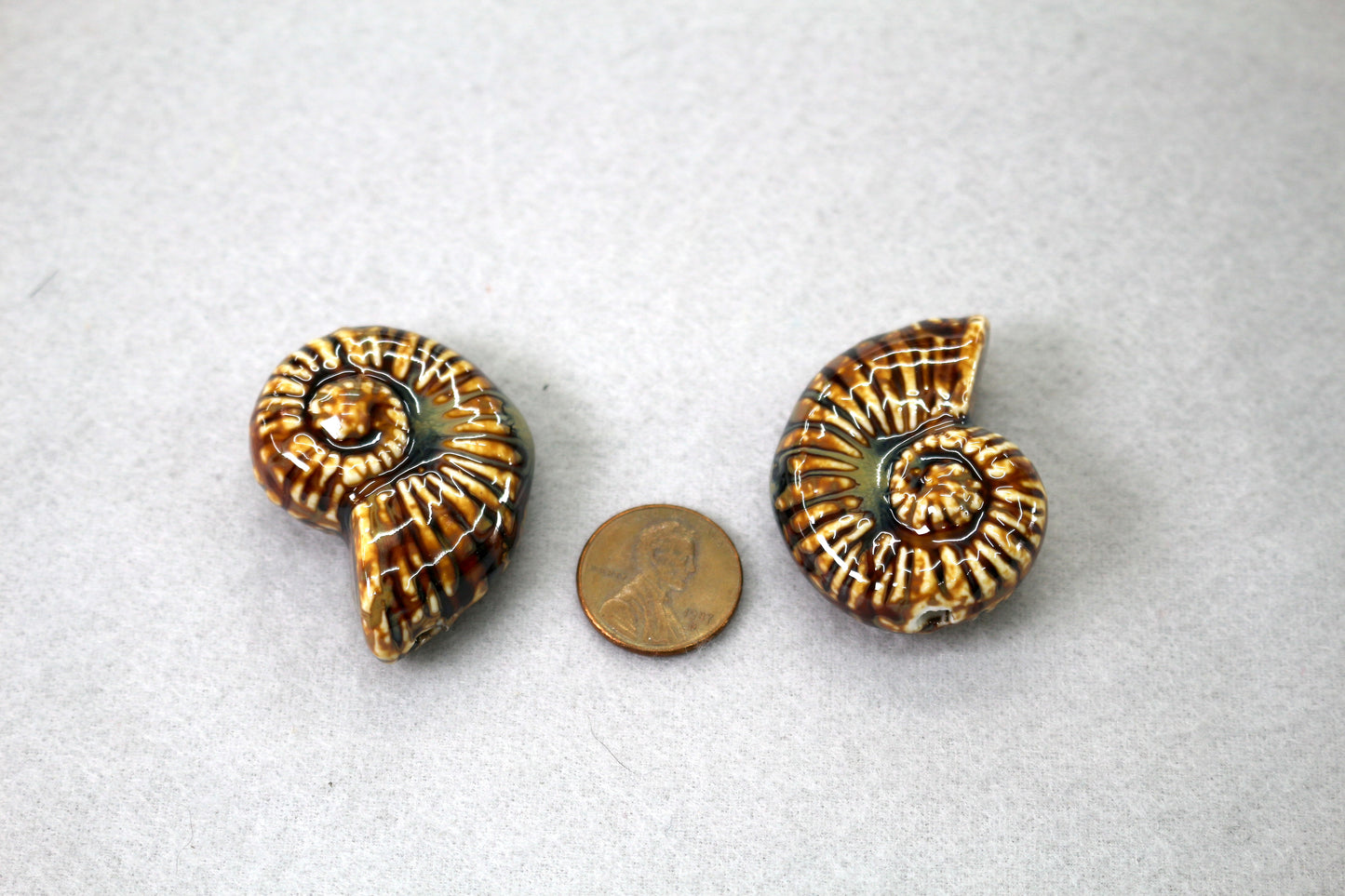 Ceramic Ammonite Fossil Beads Set of 2 | Spiral Shell Jewelry Beads | Earthy Artisan