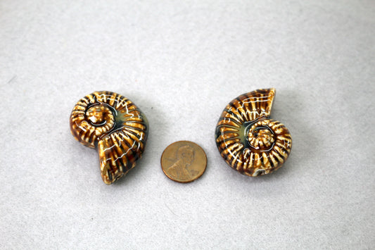 Ceramic Ammonite Fossil Beads Set of 2 | Spiral Shell Jewelry Beads | Earthy Artisan