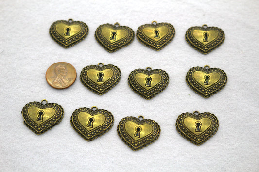 Antique Brass Heart Lock Charms | Keyhole Pendants | Vintage Style Jewelry Supplies