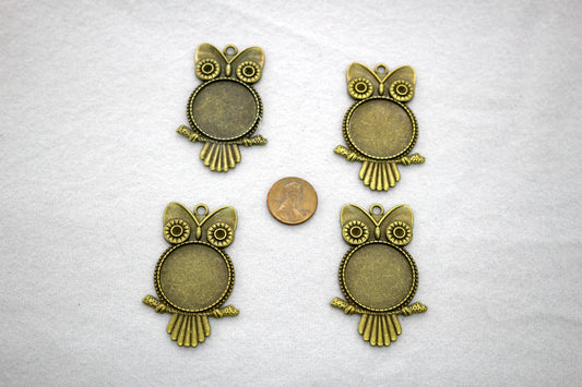 Antique Bronze Owl Pendant Trays | Cabochon Settings | Jewelry Making Blanks