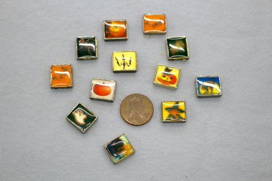 Vintage Halloween Tile Beads | Pumpkin Ghost Cat Charms | Square Spacer Beads