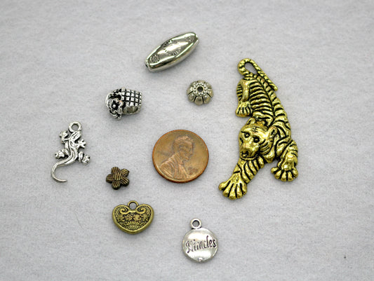 Mixed Metal Charms & Beads Lot | Tiger Pendant, Gecko, Heart | Jewelry Making Supply
