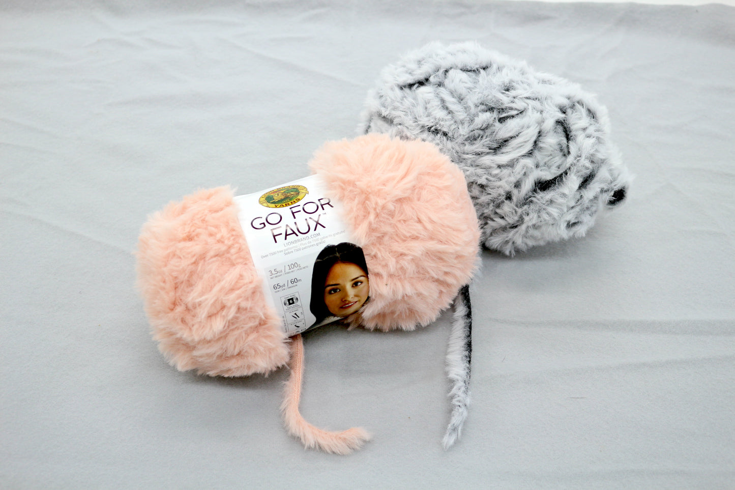 Lion Brand Go For Faux Yarn Lot – Blush Pink & Gray Faux Fur – Super Bulky Plush Yarn